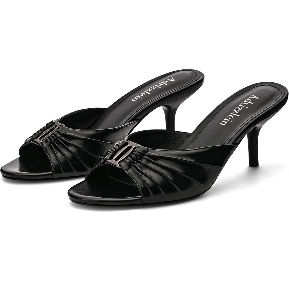 NEW Adrizzlein Black Mule Heels Size 9.5 Ruched Peep Open Toe Kitten Heels Metal